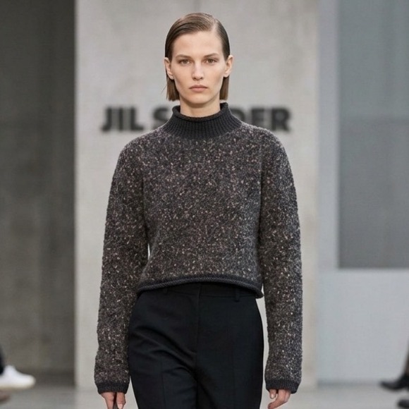 Jil Sander+ Womens Cropped Mock Neck Boucle Knit Boxy Sweater Grey Tan